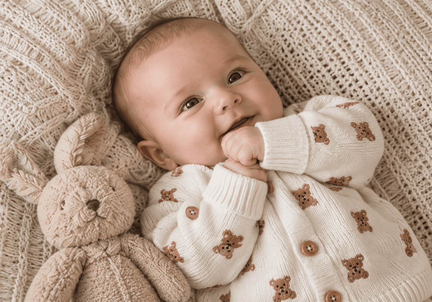 A baby in a cream teddy-bear knit cardigan, nestled beside a soft bunny