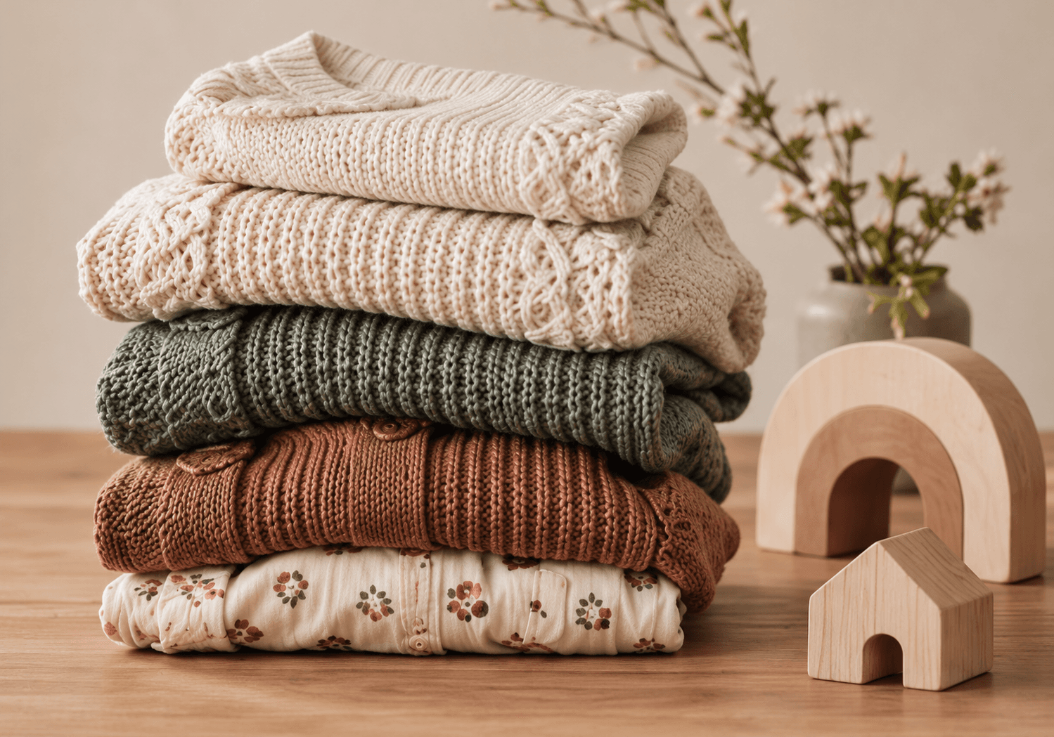 A stack of cream, sage, and cocoa knitwear with floral fabric and wooden toys